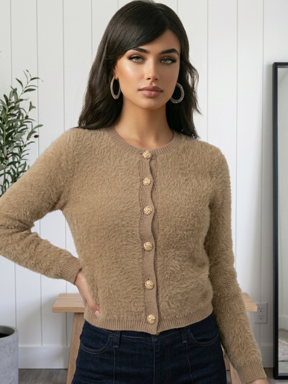 Tan Taupe Teddy soft furry crop length gold button Cardigan Sweater Jacket​